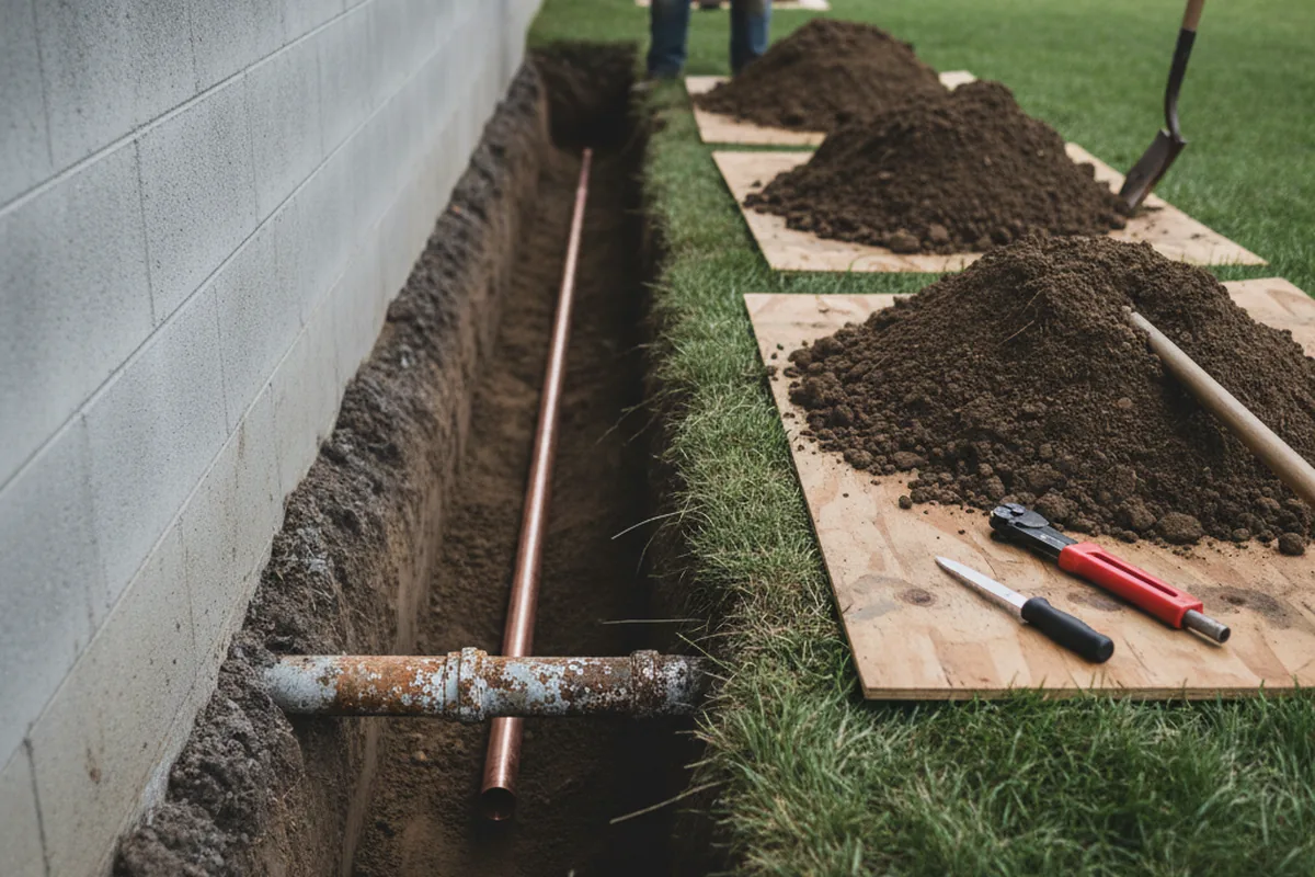 Excavated water line trench during Water Softener Installation in Briggs